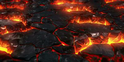 fundido lava textura fundo. terra quente lava. queimando carvões, rachadura superfície. abstrato natureza padrão, brilho desbotado chama. 3d render ilustração. foto