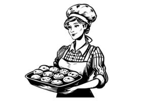 mão desenhado tinta esboço do fêmea padeiro com cozido pão em uma bandeja. gravado estilo vetor ilustração. Projeto para logotipo, anúncio. foto