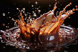 cacau deleite generativo ai apresenta fechar-se imagem do chocolate respingo com água gotas foto
