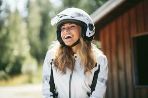 jovem legal mulher vestindo motocicleta engrenagem e capacete, ai gerado foto
