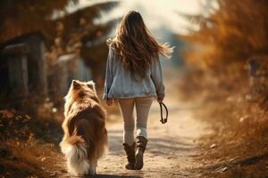 jovem mulher caminhando dela cachorro dentro a parque dentro outono dia, ai gerado foto