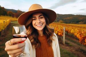 caucasiano mulher bebendo vinho dentro Vinhedo , ai gerado foto