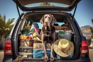 fofa cachorro sentado dentro a tronco do uma carro, ai gerado foto