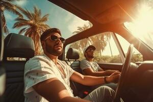 dois amigos dentro carro dirigindo em estrada, tendo estrada viagem, Palma árvores em volta. ai generativo foto