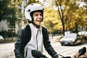 homem vestindo motocicleta engrenagem e capacete, ai gerado foto