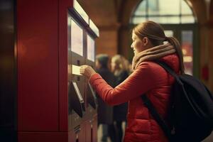 mulher usando atm máquina às metrô estação , ai gerado foto
