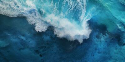 inspirador aéreo Visão do turbulento azul águas com ondas e branco espuma cristas - ai gerado foto