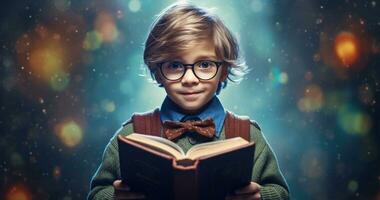 jovem estudioso com óculos absorta dentro livro lendo aventura - ai gerado foto