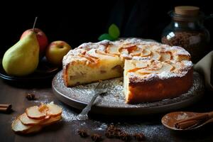 delicioso caseiro pera torta em rústico mesa, ai gerado foto