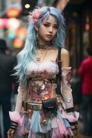 uma jovem mulher viajante vagueia Takehita rua dentro harajuku Tóquio vibrante cubo do juventude moda e cosplay foto