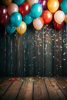 colorida balões e confete contra uma pano de fundo do madeira foto