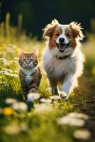dois adorável peludo amigos uma listrado gato e uma alegre cachorro passear através uma ensolarado Primavera Prado foto