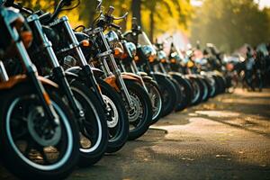 motocicletas estacionado em a motocicletas estacionamento muitos em encontro ou evento, ai gerado foto