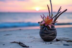 verão temático flora arranjo com uma paisagem de praia fundo generativo ai foto