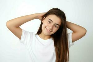 menina branco camiseta. gerar ai foto