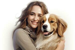 jovem adulto mulher segurando dela cachorro em branco fundo , ai gerado foto