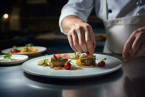 uma chefe de cozinha arranjo Comida em uma prato fechar acima tiro foto