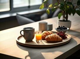 luz café da manhã fundo com croissants foto