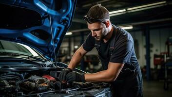 profissional auto mecânico trabalhando dentro auto reparar comprar, verificação carro motor. foto