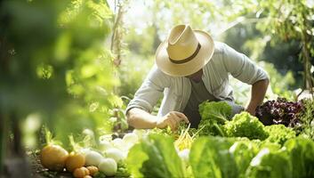 agricultor trabalhando dentro vegetal jardim união conceito foto