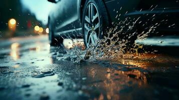 lado Visão do uma carro roda em molhado calçada durante chuva às pôr do sol dentro a cidade foto