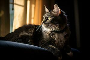 uma gato sentado em uma sofá olhando Fora a janela generativo ai foto