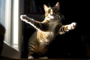 uma gato em pé em Está traseiro pernas dentro frente do uma janela generativo ai foto