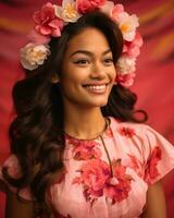 uma lindo jovem mulher com grandes cabelo vestindo uma flor coroa generativo ai foto