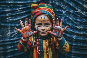 adorável pequeno menina com pintado face e mãos mostrando dela colorida mãos - ai gerado foto