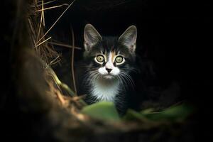 uma Preto e branco gato sentado dentro uma orifício generativo ai foto