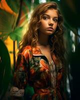 uma lindo jovem mulher com grandes encaracolado cabelo dentro a laranja floral camisa generativo ai foto