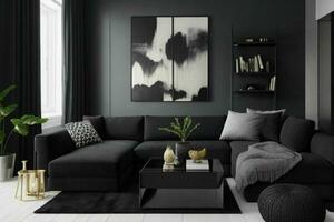 moderno vivo quarto Projeto com confortável sofá e elegante decoração foto