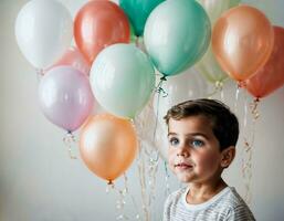 foto sessão de fotos do criança com balões em branco fundo, generativo ai