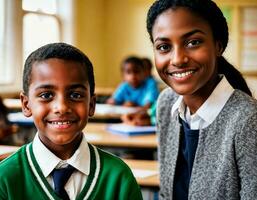 foto do feliz professor e crianças às escola sala, generativo ai