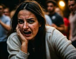 foto do raiva Bravo Adolescência Faculdade menina brigando a de outros com ferida em face, generativo ai