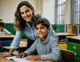 foto do feliz professor e crianças às escola sala, generativo ai