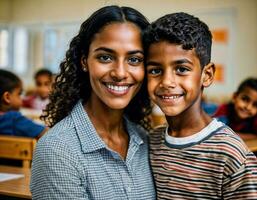 foto do feliz professor e crianças às escola sala, generativo ai