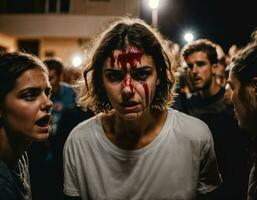 foto grupo do raiva Bravo Adolescência Faculdade menina brigando a de outros com ferida em face, generativo ai