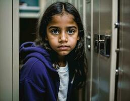 foto do assustador menina criança dentro armário sala, generativo ai