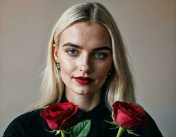 foto do lindo mulher dentro Loiras cabelo cor com vermelho rosa fundo, generativo ai