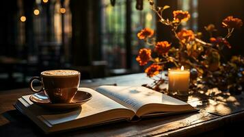 uma copo do café com livro e caneta em a de madeira mesa ai gerado foto