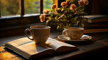 uma copo do café com livro e caneta em a de madeira mesa ai gerado foto