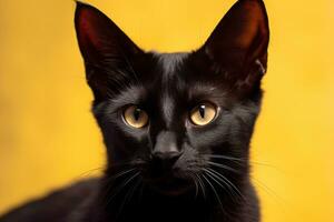 uma fechar acima do uma Preto gato com amarelo olhos generativo ai foto