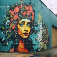 uma colorida mural do uma mulher com flores em dela cabeça em a lado do uma construção generativo ai foto