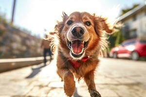 uma cachorro corrida em uma rua com Está boca aberto generativo ai foto