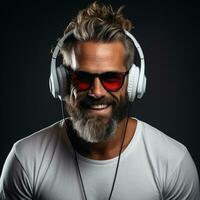 néon retrato do barbudo sorridente homem dentro fones de ouvido, oculos de sol, branco camiseta. ouvindo para música. ai gerado foto
