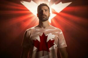 uma homem vestindo uma tee camisa com uma canadense bandeira em isto. ai gerado foto