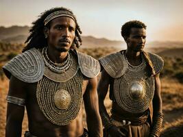 foto do africano homem tribal guerreiros com armaduras, generativo ai