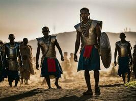 foto do africano homem tribal guerreiros com armaduras, generativo ai