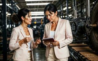 foto do trabalhando empreendedor mulher às fábrica com máquina e trabalhador, generativo ai